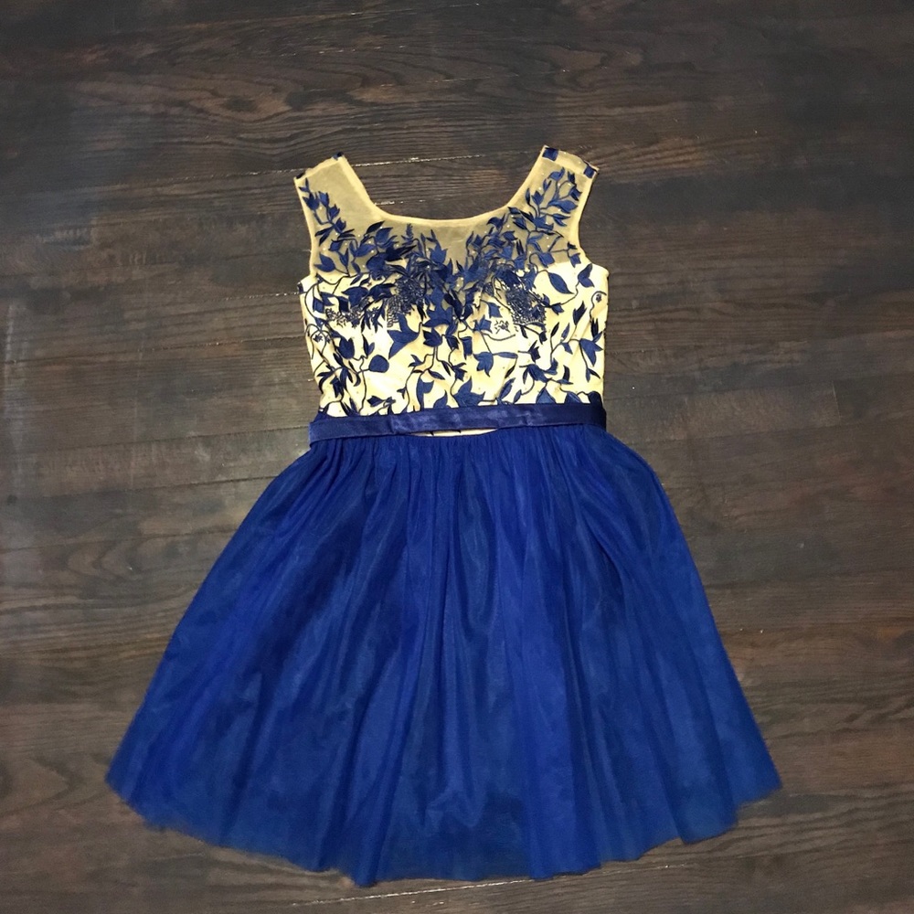 Short floral blue/beige dress.